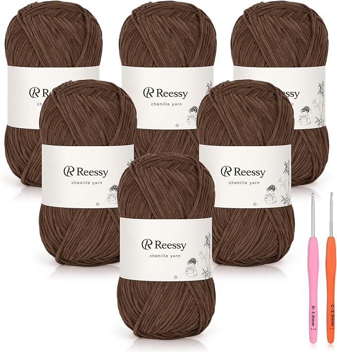 Skinny Chenille Yarn for Crocheting - 6 Pack of 50g/158yd (948yd Total) - Soft Matte Thin Chenille CYC #2 - Fine Weight Baby Yarn for Plush Toys, Baby Blankets & Small Crafts(Mocha)