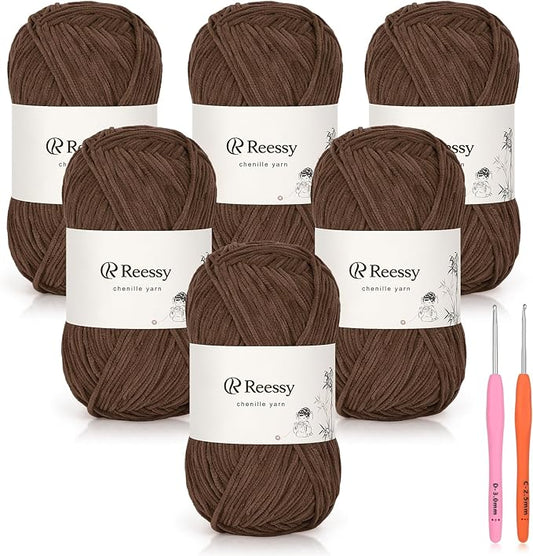 Skinny Chenille Yarn for Crocheting - 6 Pack of 50g/158yd (948yd Total) - Soft Matte Thin Chenille CYC #2 - Fine Weight Baby Yarn for Plush Toys, Baby Blankets & Small Crafts(Mocha)