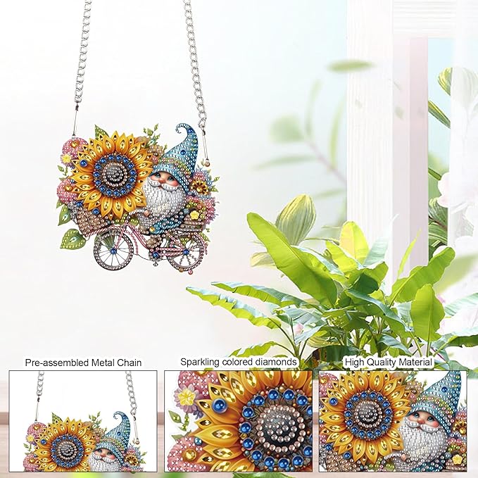 AiYuanzsh 5D Diamond Painting Hanging Ornament, Gnome with Sunflower Design DIY Acrylic Pendant Kit, Handmade Diamond Art Suncatcher Decoration for Home Wall Window Gift
