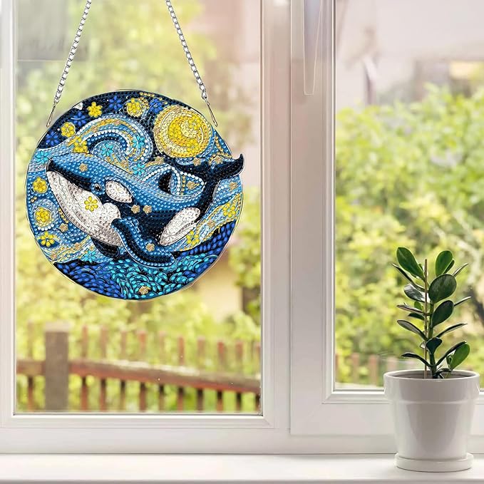 MAXBYE Whale Diamond Art Kits for Adults Hanging Ornament, DIY Special Crystal Diamond Painting kit, Double Sided Painting Kits for Beginners Gift Wall Home Decoration 8×8 Inch
