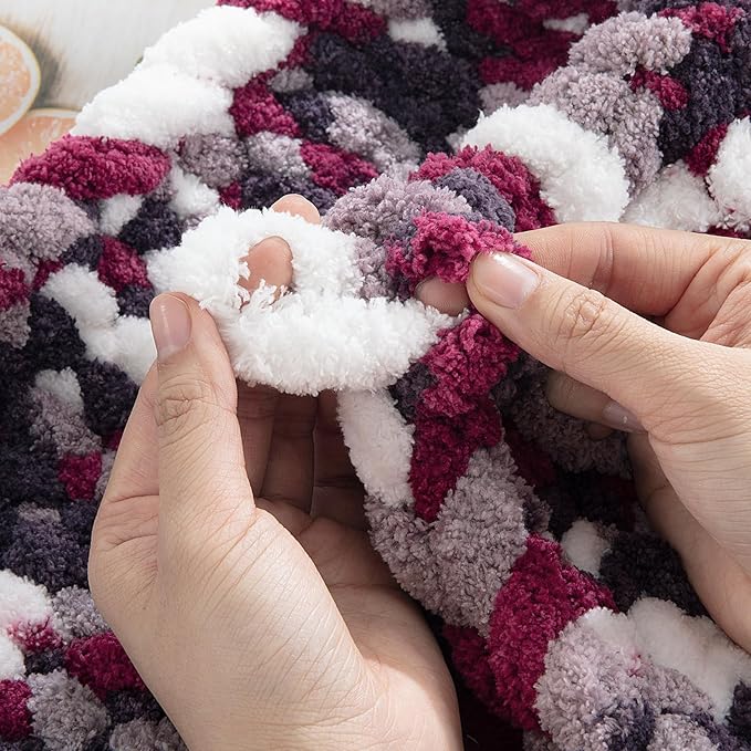 HOMBYS Chunky Tie Dye Mix Chenille Yarn for Hand Knitting, Super Bulky Jumbo Yarn for Crocheting, 3/4" Thick Soft Plush Yarn for Blankets, 8 Skein Pack (26 yds / 7.5 oz Each) Wine Red Grey White