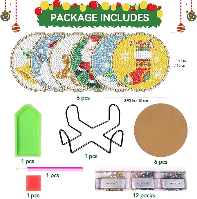 Vcekract Christmas Diamond Art Kits, 6PCS Christmas Diamond Painting Coasters with Holder, Diamond Art Kits for Adults