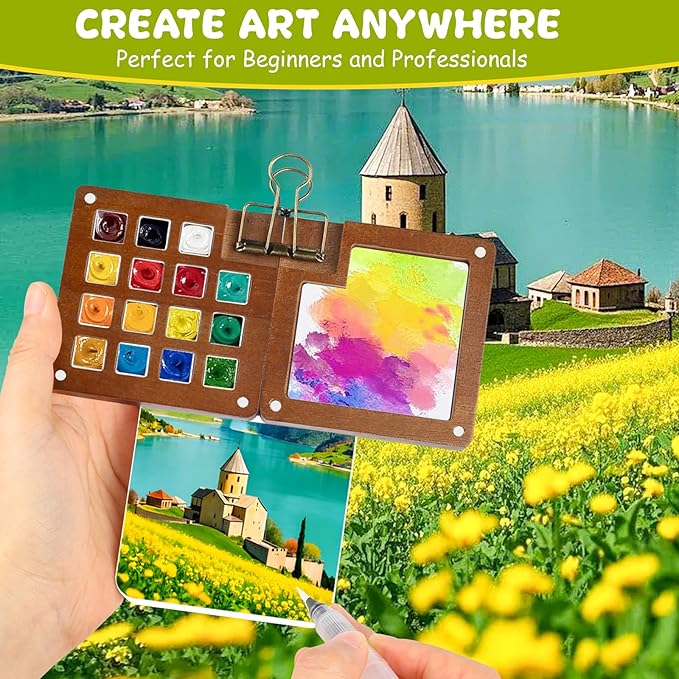 Mini Watercolor Paint Set, Pocket Watercolor Travel Set, Portable Travel Watercolor Palette Kit with Paint, Brush, Sketchbook, Copper Clip and Storage Bag for Beginners Artists Painting Enthusiasts