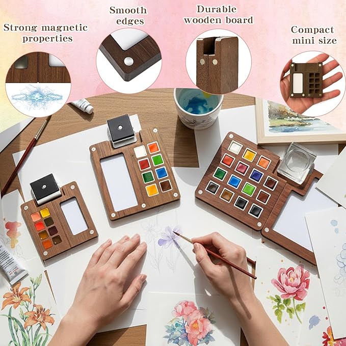 Mini Watercolor Paint Set - Mini Travel Watercolor Palette Set, Pocket Water Color Paint Palette Kit with 12 Colours, Sketchbook, Pens, Wooden Paints Box for Painters Artists