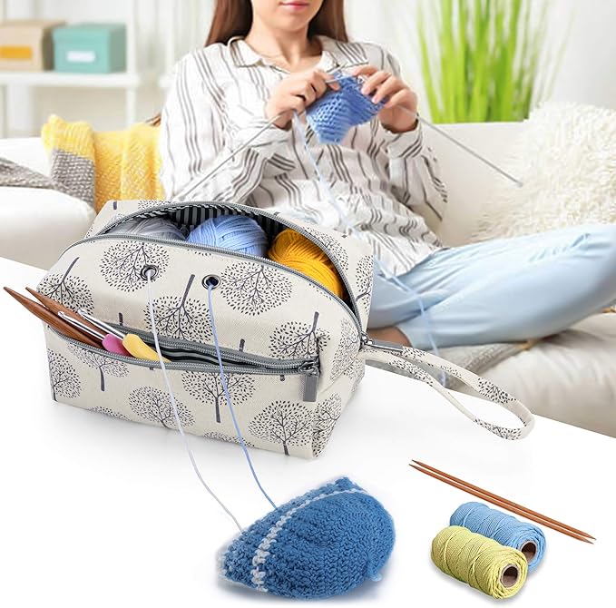 LUXJA Small Yarn Storage Bag, Portable Knitting Bag for Yarn Skeins, Crochet Hooks, Knitting Needles (up to 8 Inches) and Other Small Accessories (Trees)
