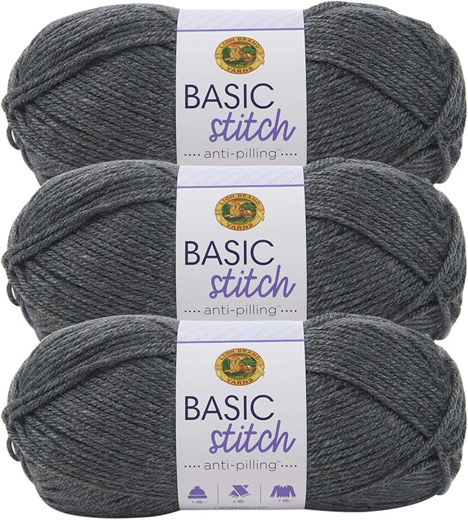 Lion Brand Yarn Basic Stitch Anti-Pilling Yarn for Crocheting, Knitting, and Crafts, Charcoal Heather, 3 Pack