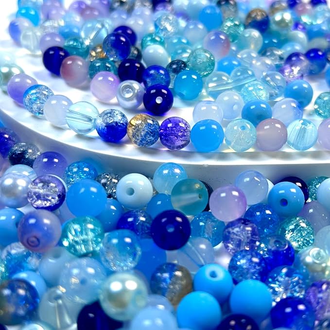 300pcs 8mm Glass Beads, 24 Colors Assorted Glass Beads for Jewelry Making, Blue Series Round Spacer Bead Kit for Bracelet Necklace DIY Craft