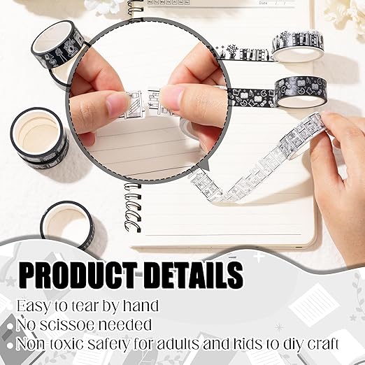 Black White Washi Tape - 12 Rolls Reading Book Library Theme Designs Easy Hand Tear Repositionable Residue Free for Gift Wrapping Scrapbooking Literary Projects Study Planner Decoration