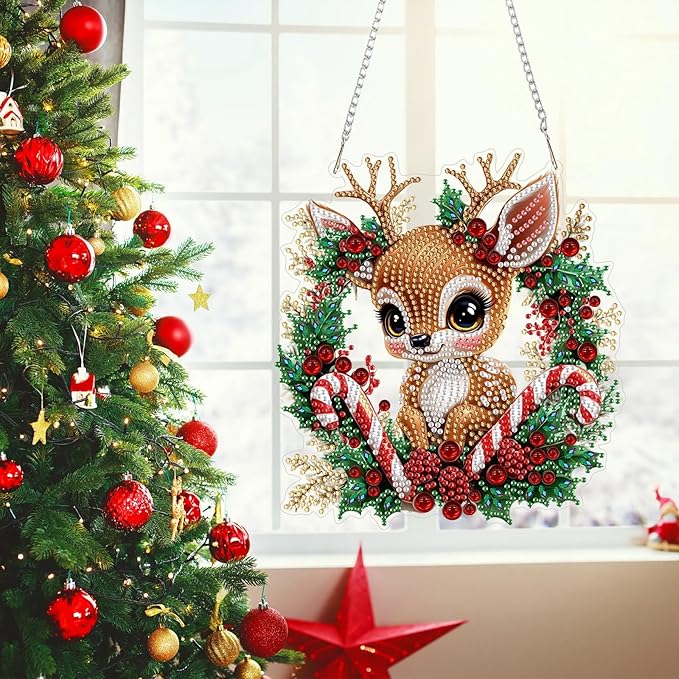 MEIYUDA Christmas Deer Diamond Art Hanging Kits for Adult, Elk Wreath Diamond Painting Hanging Kits Ornaments, DIY Special Shaped Rhinestone Window Pendants kit for Home Garden Wall Decor