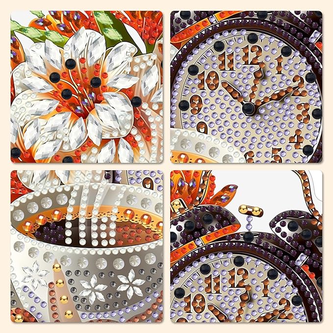 MXJSUA Flowers Coffee Clock Diamond Painting Art Window Suncatchers, Diamond Art Kits for Adults Hanging Ornaments with Chain, 5D Special Shape Crystal Diamond Pendant Accessories for Decor Gift
