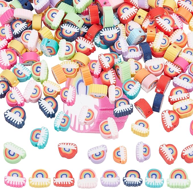 SUNNYCLUE 1 Box 200Pcs Rainbow Beads Handmade Polymer Clay Bead Rainbow Shaped Focal Colorful Flat Back Beaded Loose Spacer for Jewelry Making Kit Beading Bracelet Necklace Supplies