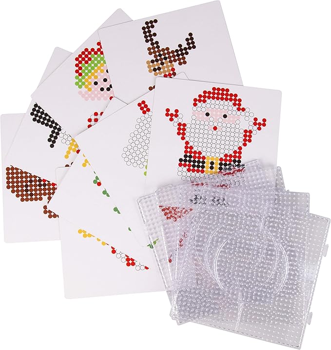10,000-Piece Holiday Fuse Bead Kit for DIY Xmas Ornaments - 8 Unique Christmas Designs w Peg Boards, Tweezers, Ironing Papers - Great for Homemade Ornaments, Holiday Classroom Parties Family Activity
