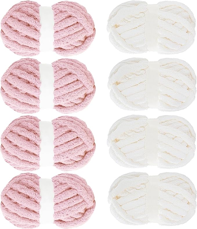 MABOZOO Assorted Chunky Yarn for Crocheting 8 Pack,Fluffy Jumbo Chenille Yarn,Soft Plush Yarn Bulky,Giant Thick Fuzzy Yarn for Hand or Arm Knitting,Cream & Pink(31.7 yds,8 oz Each Skein)