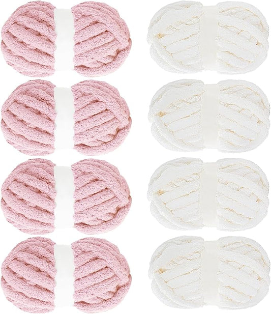 MABOZOO Assorted Chunky Yarn for Crocheting 8 Pack,Fluffy Jumbo Chenille Yarn,Soft Plush Yarn Bulky,Giant Thick Fuzzy Yarn for Hand or Arm Knitting,Cream & Pink(31.7 yds,8 oz Each Skein)