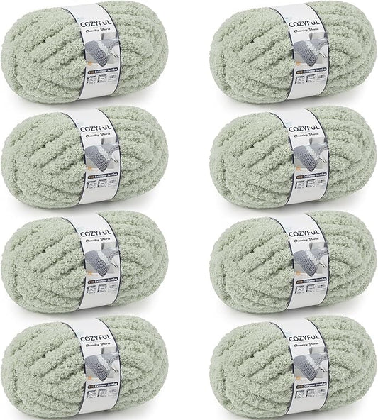 Chunky Yarn for Hand Knitting - #10 Chunky Chenille Yarn, Jumbo Big Thick Chunky Yarns for Crocheting, Super Bulky Chunky Knit Blanket Yarns, 8 Skein (25 yds 8 oz Each Skein), Sage Green