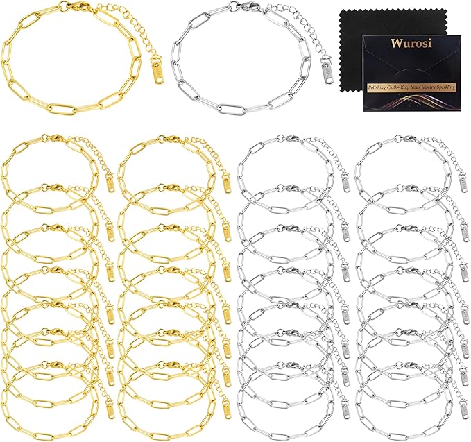 Wurosi 30PCS 18K Gold Plated Charm Bracelet Chains 6.3Inch Stainless Steel Bracelets Chain Bulk Link Bracelet with Lobster Clasps for Women DIY Bracelets Crafts Supplies(Gold+Silver)