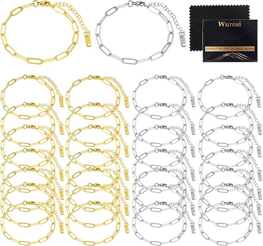 Wurosi 30PCS 18K Gold Plated Charm Bracelet Chains 6.3Inch Stainless Steel Bracelets Chain Bulk Link Bracelet with Lobster Clasps for Women DIY Bracelets Crafts Supplies(Gold+Silver)