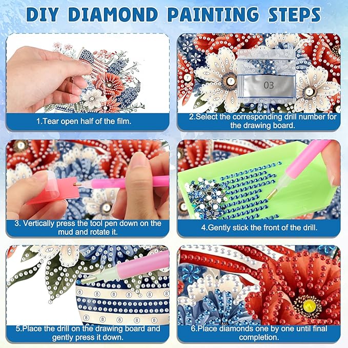 DOMROM 4TH of July Diamond Art Hanging Kit for Adult, Flower Diamond Art Hanging Kit, Patriotic DIY Diamond Art, Independence Day Diamond Hanging Pendant, Window Pendants Garden Wall Hanging Ornament