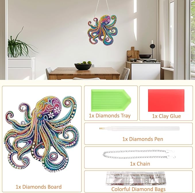 SENQAO Octopus Diamond Art Hanging Kit for Adult, Special Shaped Rhinestone, DIY Acrylic 5D Diamond Art Painting Window Pendants Home Garden Wall Hanging Kits Hanging Ornament