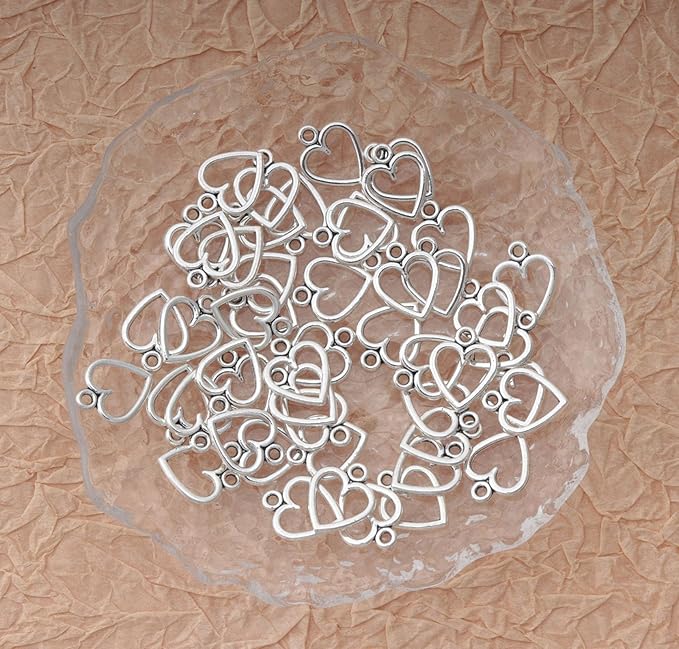 Ruwado 50 pcs Hollow Heart Charms Jewelry Making Kits for Jewelry Making 1.5 x 1.2 cm Accessories for DIY Crafting Project Christmas Tree Décor Necklace Bracelet Keychain Earring Supplies (Silver)