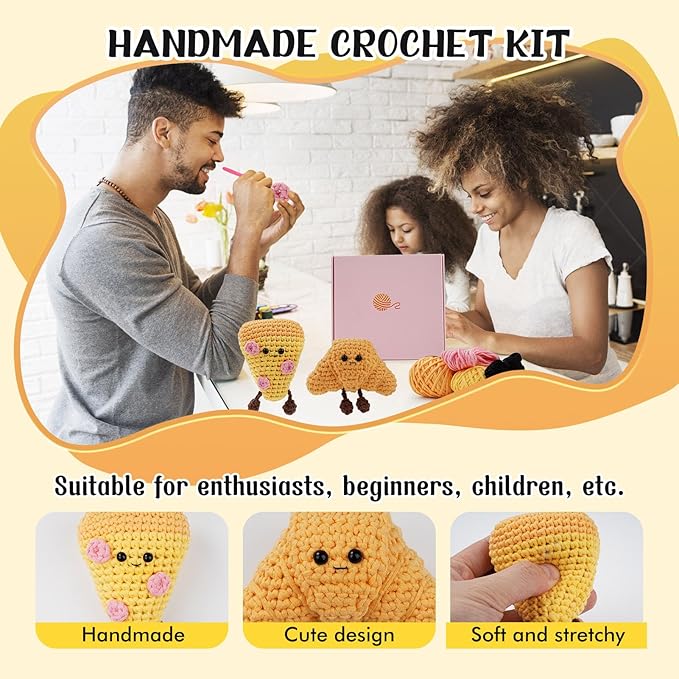LetCartMaker Beginner Amigurumi Crochet Kit with Video Tutorials - Pizza, Croissant or Dessert Theme | Complete Starter Set for Kids & Adults (Yarn, Hook, Eyes Included) (Pizza & Croissant Set)