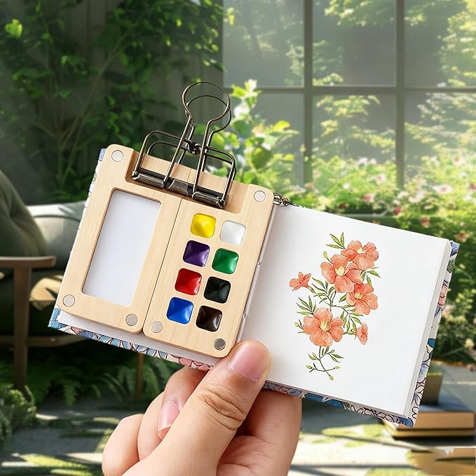 Mini Watercolor Paint Set Pocket Artist Watercolor Travel Set with Mini Paint Palette,Brushes, 12 Colors, Watercolor Sketchbook for Artists Painters Students(Bamboo)