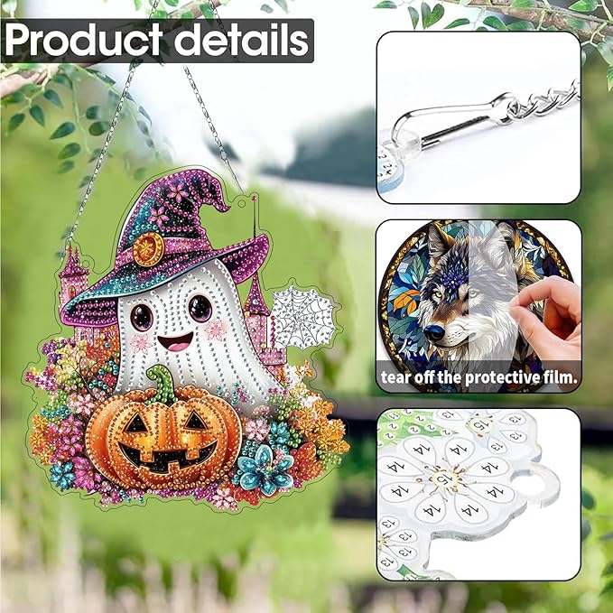 SKRYUIE Halloween Hanging Diamond Art Kits for Adults Pendant Suncatcher, Special Shaped Crystal DIY Pearl Diamond Painting Kit, Gift for Mother Spring Summer Window Wreath Decor 7.88 x 7.48 Inch D11
