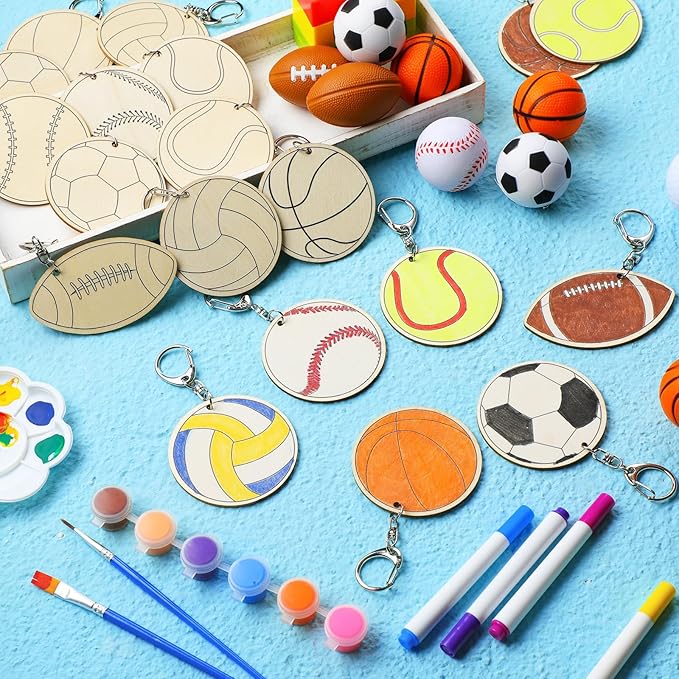 Trnayi 36 Pcs Color Your Own Sports Ball Keychains Crafts for Boys Girls Unfinished Wooden Football Basketball Soccer Crafts Blank Wood Painting DIY Crafts for Home Classroom Activities Project Decor