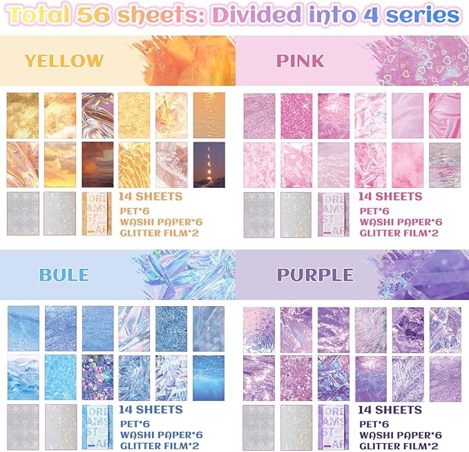 56PCS Holographic Sticker Paper Transparent Waterproof Self Adhesive Film PET Glitter Paper Scrapbooking Stickers for Junk Journal Supplies Card Making Album Collage Planner Gift Wrapping Decor