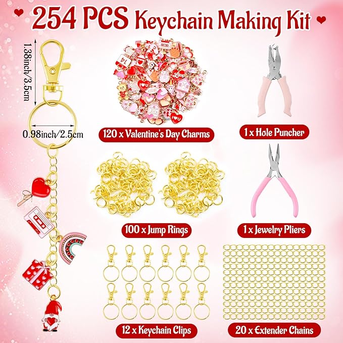 PYURTHITY 254 Pcs Valentine's Day Lip Gloss Keychain Charms Making Kit Include Valentine's Day Enamel Charms Keychain Clips Extender Chains Jump Ring Plier DIY Jewelry Crafts Gifts for Women Adults