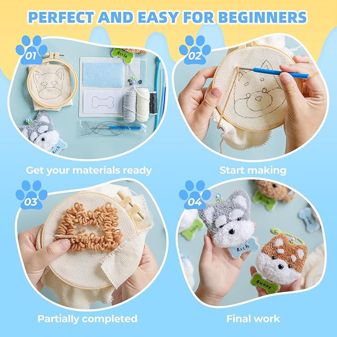 MOREJMTT Punch Needle kit-4 Embroidery kit for Beginners,Punch Needle Kits Adults Beginner,Needles, Curved Scissors, a Tool Storage Box, Easy-to-Follow Instructions, and Tutorial Videos-（4 Dog ）