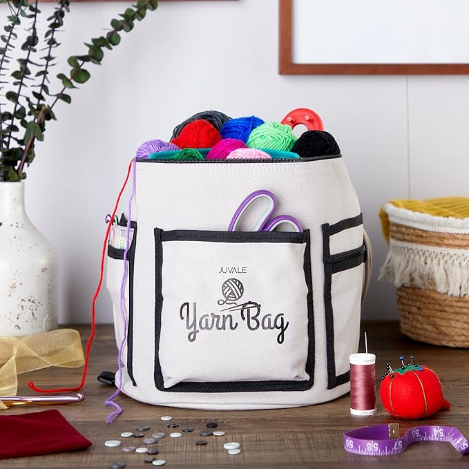 Juvale Knitting Bag - Separate Divided Yarn Holder - Portable Yarn Bag for Travel - Crochet Hook & Needle Holder - Multi-Colored, 100% Cotton, 11.8 x 9.8 In