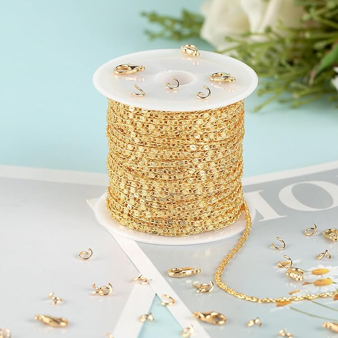 10 Meters Jewelry Chain for Jewelry Making, 18K Gold Plated Chain Necklace for Women Light Gold Chain Roll with 20pcs Lobster Clasps + 50pcs Jump Rings