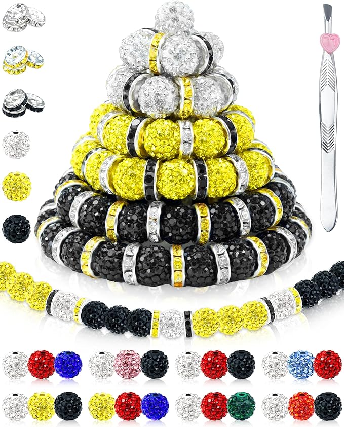 180pcs fiveizero 10mm rhinestone beads for jewelry making – sparkly round crystal clay beads & spacers in baseball team colors for bracelets, necklaces & diy crafts (black, white, yellow)