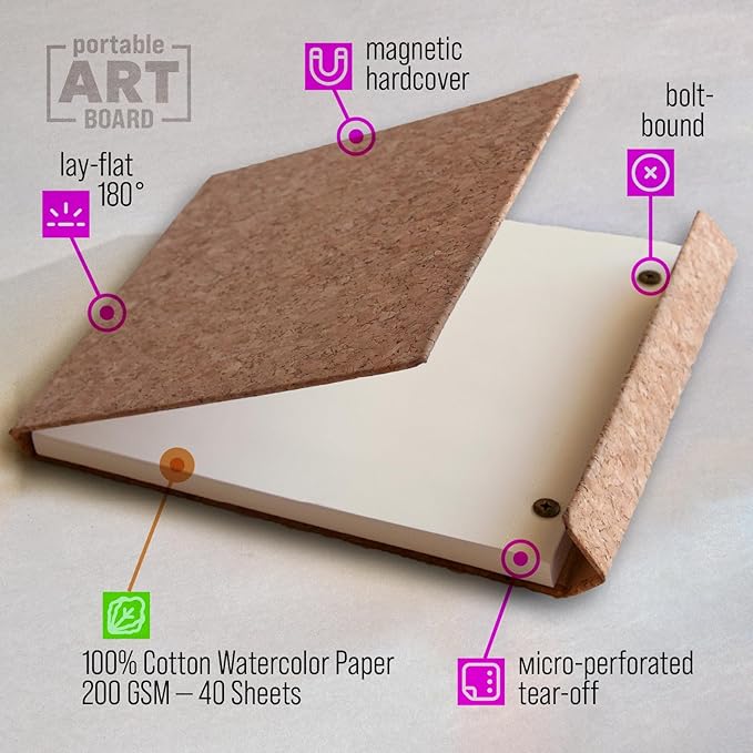 Cork Watercolor Pad Hardcover - 100% Cotton Paper 200GSM Cold Press - Magnetic Closure Watercolor Sketchbook, 40 Tear-Off Sheets, Lay-Flat - Artist Watercolor Paper Pad (Light Cork, 9x12 inch (A4))