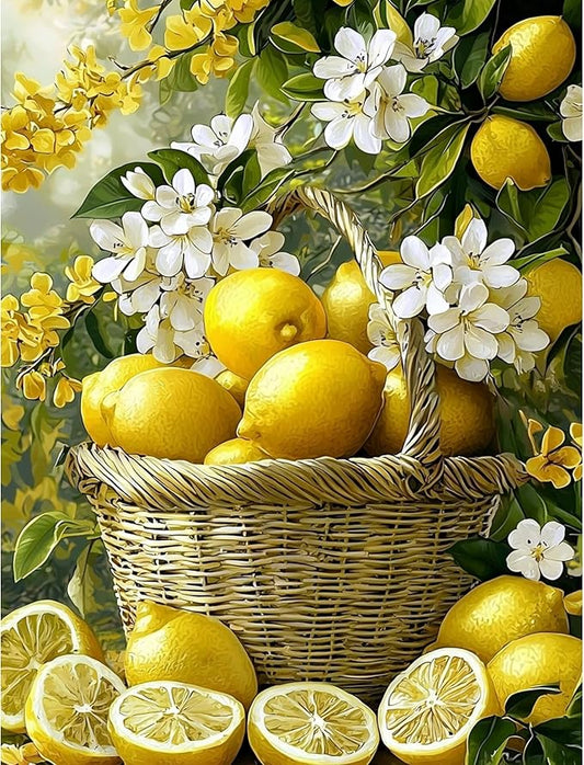 QENSPE Lemons Diamond Painting Art Kits for Adults, DIY White Flowers Full Drill Diamond Art for Beginners, 5D Round Diamond Dots Paintings Gem Art Crafts Home Wall Decor Gifts 30x40cm