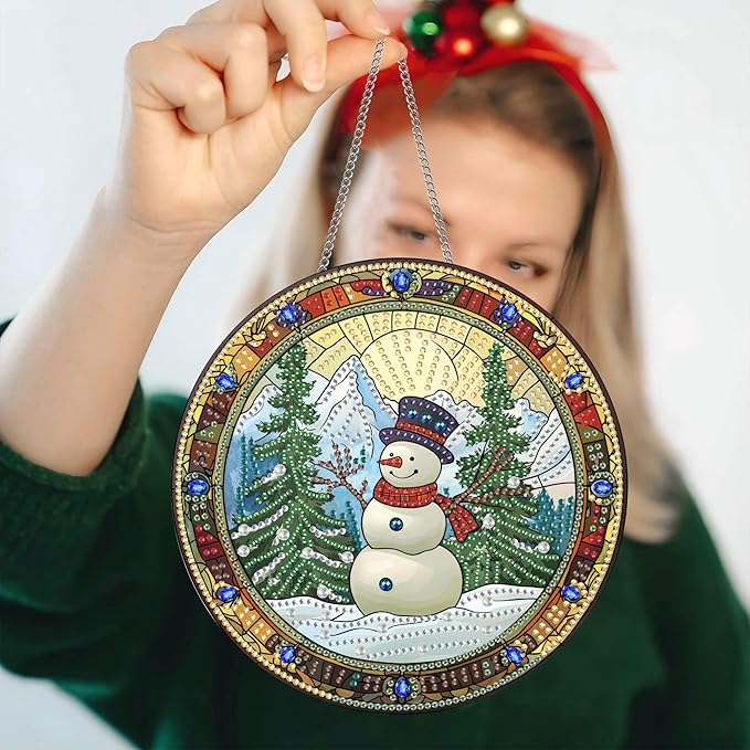 Pavemlo Hanging Diamond Art Kits for Adults Christmas Snowman – 8x8 Inch Double-Sided Acrylic Board DIY Crystal Diamond Suncatcher Pendant, Sparkling Home Wall or Window Decoration Handmade Gift