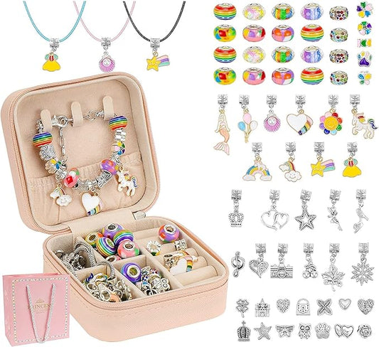 Hysagtek Charm Bracelet Making Kit - 66 Pcs DIY Jewelry Making Kit Bracelet Making Kit Beads Necklace Crafts for Teen Girls with Portable Bracelet Organizer Box, Rainbow