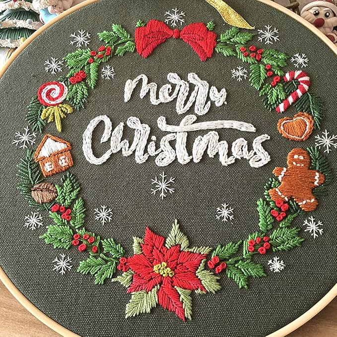 Embroidery Kit Merry Christmas Ornaments Snowflake Wreath Awesocrafts Full Range of Embroidery Starter Kits for Beginners Adults DIY Handmade Easy Patterns (Christmas)