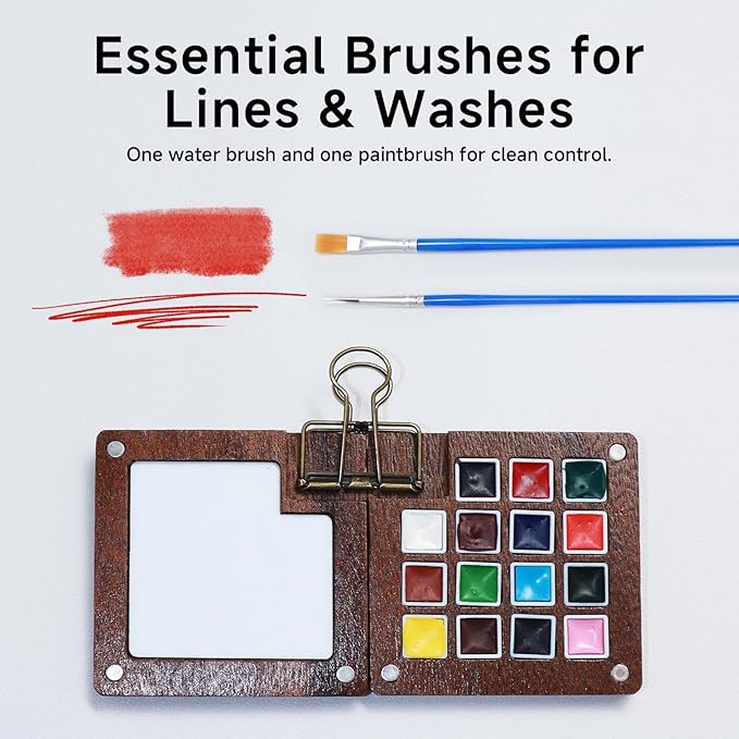 BOSNAL 15 Well Travel Watercolor Set with 3 Professional Brushes (Flat/Pointed/Water), Portable Wood Palette Kit with Sketchbook & Clip, Outdoor Art Supplies for Urban Sketching & Plein Air