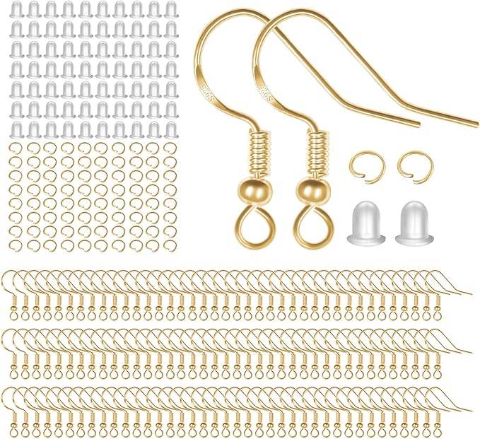 925 sterling silver earring hooks, 750pcs gold earring hooks kit 250pcs/125pairs hypoallergenic ear wires fish hooks with 250 pcs gold open jump rings and 250pcs rubber ear backs for jewelry making