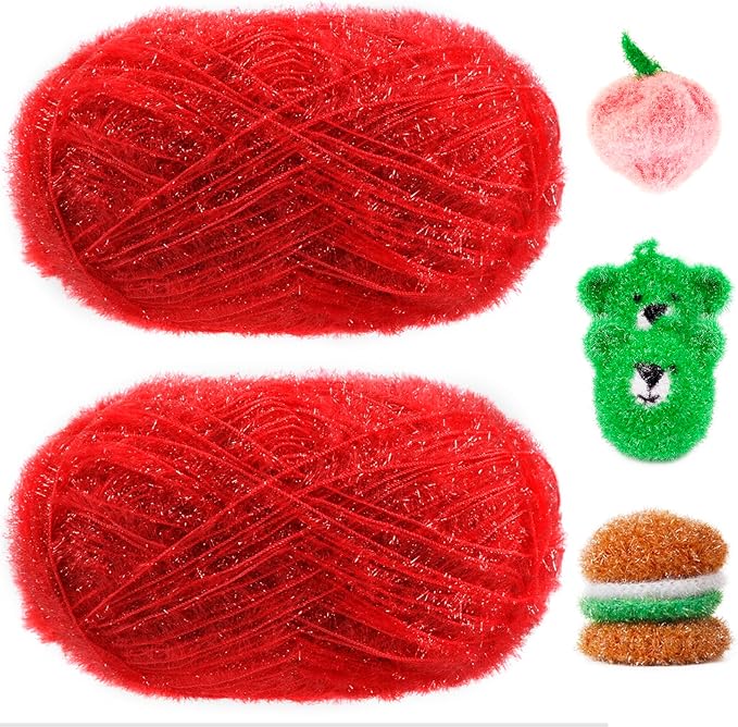 JeogYong Scrubby Yarn 2 Skeins (2 x 100g, 2 x 218yd) Scrubby Sparkle Yarn, Fluffy Polyester Scrubbie Crochet String for Crocheting Knitting Dishcloths Washcloths DIY Projects