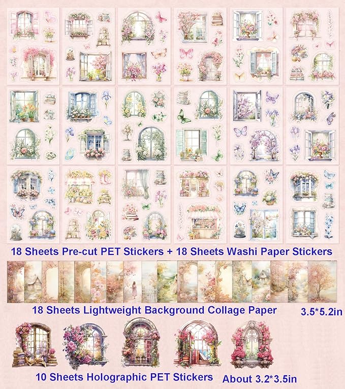 64 Sheets Vintage Floral Scrapbooking Kit, Precut Floral Natural Garden Flowers Butterfly Transparent PET and Washi Stickers with Scrap book Paper for Scrapbook Supplies Junk Journals Craft (Flower)