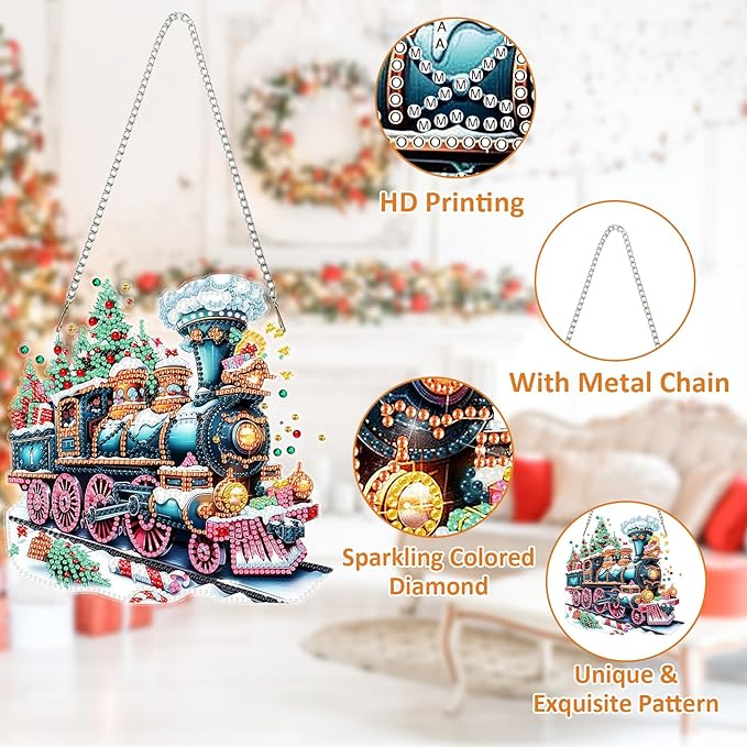 SENQAO Christmas Diamond Art Hanging Kits for Adults Kids, Christmas Train Diamond Art Suncatchers, 5D Special Shape Diamond Painting Pendant Window Ornament Gifts for Home Door Wall Decor