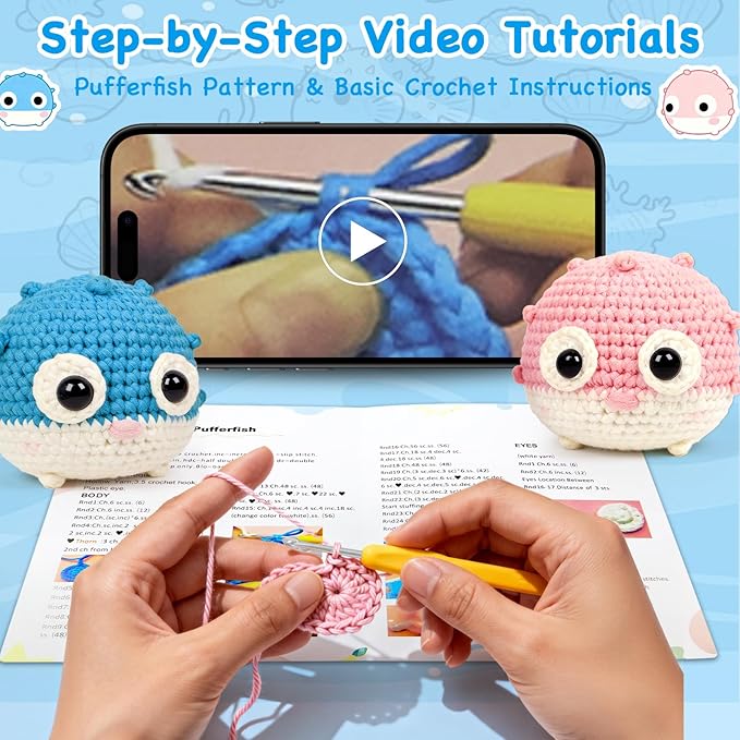 Cokiddle Crochet Kit for Beginners, Cute Pufferfish Shape with Step-by-Step Video Tutorials, Soft Yarn, Hooks & Full Supplies, Exclusive Crochet Kit for Beginners, DIY Craft, Great Teen Gifts (Blue)
