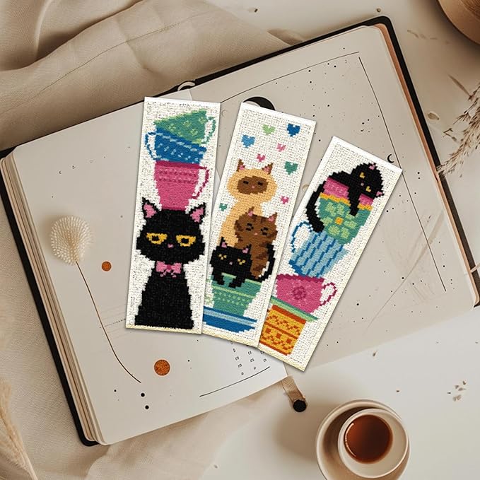 ORIGACH 6 Pcs Cross Stitch Bookmark Kit for Beginner with Backing Felt Floss Instruction Cat Teacup DIY Stamped Embroidery Bookmark Kit for Starter Adults Book Lovers