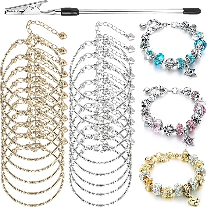 20 Pieces Snake Chain Charm Bracelet with Bracelet Helper Adjustable Snake Charm Bracelet Chains with Heart Lobster Clasp Extender Chain DIY Bracelet Chain for Women Jewelry Making Gifts Supplies