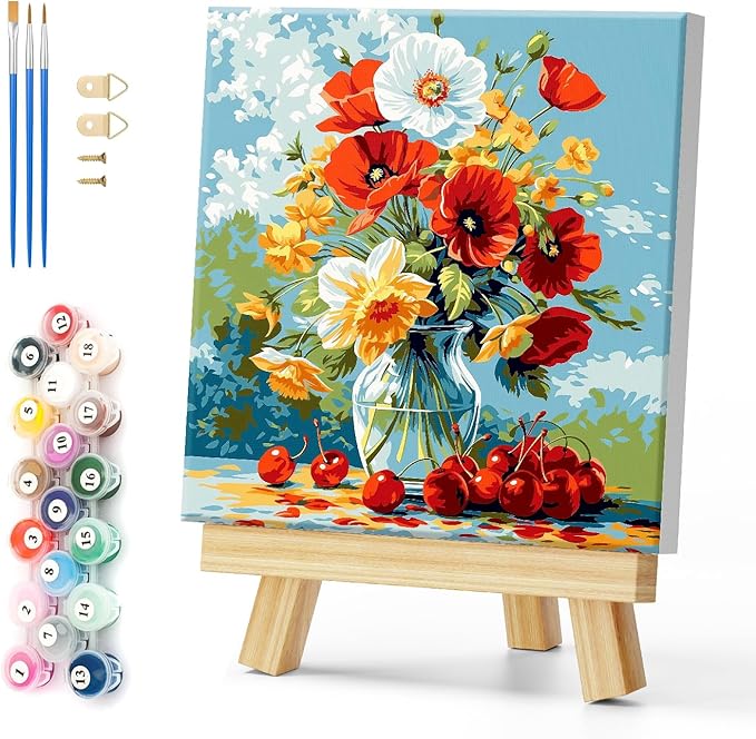 Natuyalo Framed Paint by Number Kits for Adults Beginners, Flowers in Vase Easy Acrylic Adult Paint by Number Kits, Cherry DIY Painting by Numbers Kits with Frame Ideal Gift 12x12 Inch