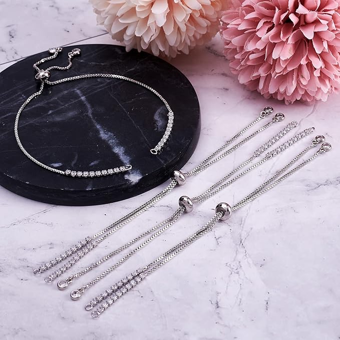 FASHEWELRY 10 Strands Adjustable Brass Bracelet Slider Extender Chains Micro Pave with Cubic Zirconia Ends 11"(280mm) Platinum Plated for DIY Jewelry Making