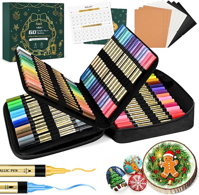 IVSUN Metallic Marker Pens, 30 Metallic & 30 Regular Colors Dual Tip Acrylic Paint Pens for Black Paper, Photo Album, Rock Painting, Wood, Card Making, DIY Crafts, Scrapbook Supplies